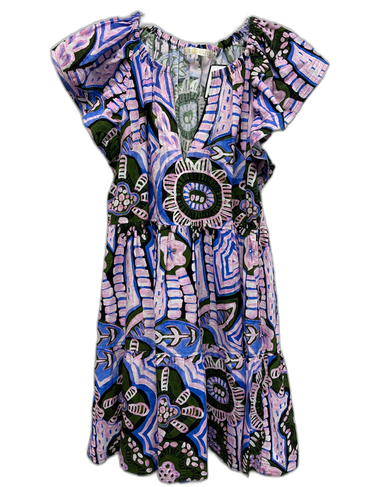 Marie Oliver Size XS Purple, Blue & Green Linen & Cotton Abstract Print Dress Purple, Blue & Green / XS
