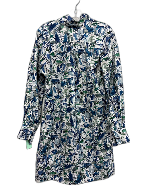 Ann Mashburn Size M White, Blue & Green Cotton Abstract Floral Long Sleeve Dress White, Blue & Green / M