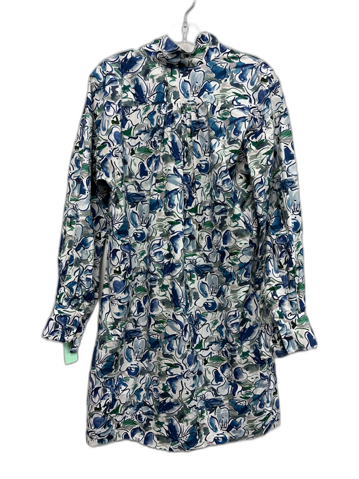 Ann Mashburn Size M White, Blue & Green Cotton Abstract Floral Long Sleeve Dress White, Blue & Green / M