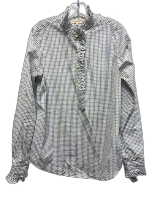 Ann Mashburn Size M Blue & White Cotton Grid Print Long Sleeve Ruffle Detail Top Blue & White / M