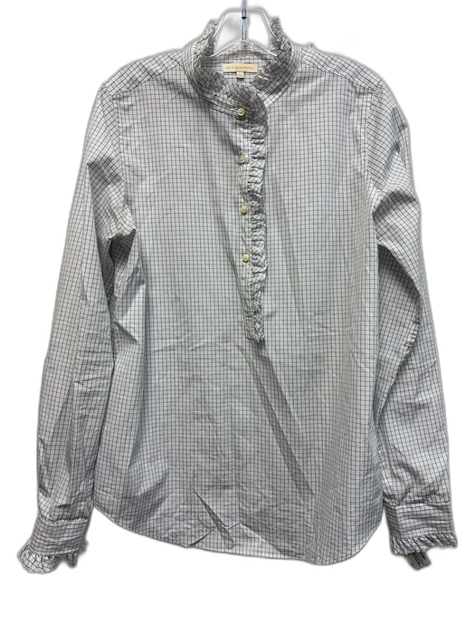 Ann Mashburn Size M Blue & White Cotton Grid Print Long Sleeve Ruffle Detail Top Blue & White / M