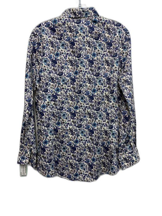 Ann Mashburn Size L Cream White & Blue Cotton Floral Long Sleeve Collared Top Cream White & Blue / L