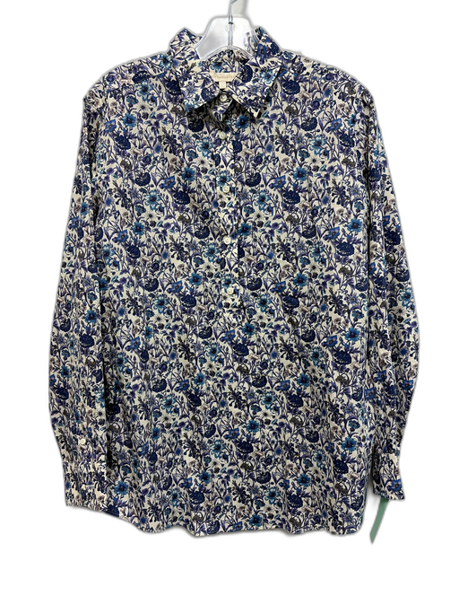 Ann Mashburn Size L Cream White & Blue Cotton Floral Long Sleeve Collared Top Cream White & Blue / L