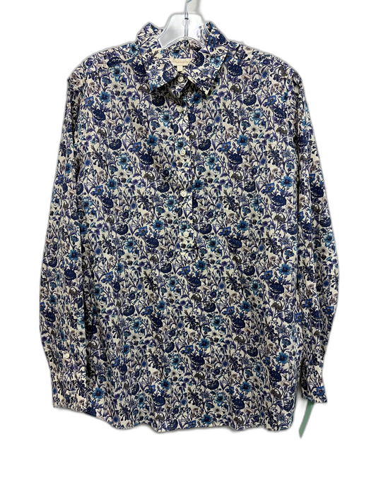 Ann Mashburn Size L Cream White & Blue Cotton Floral Long Sleeve Collared Top Cream White & Blue / L