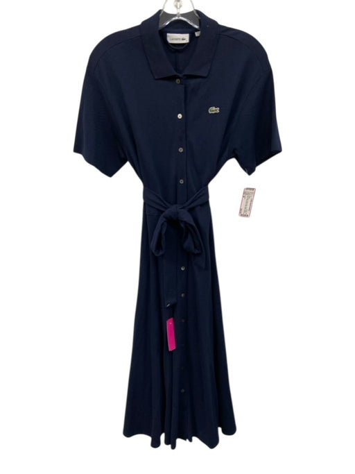 Lacoste Size 38 Navy Blue Cotton Blend Pique Button Down Short Sleeve Midi Dress Navy Blue / 38