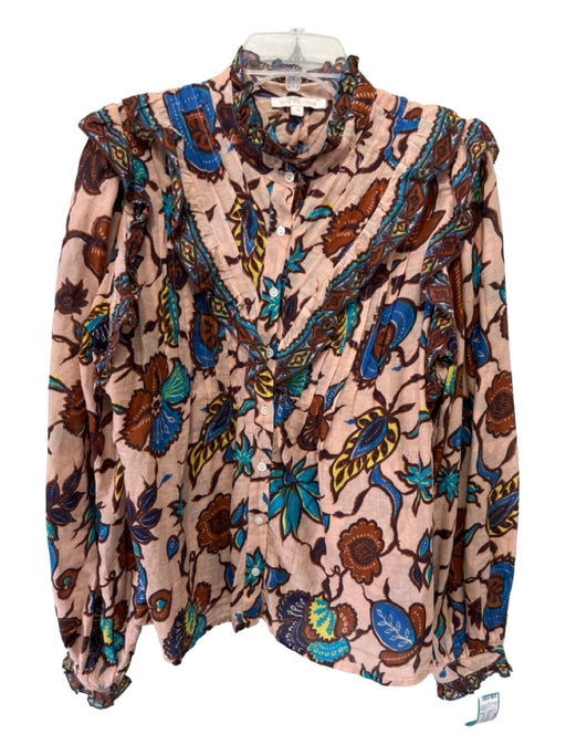 Love The Label Size M Brown & Blue Cotton Floral Paisley Long Sleeve Ruffle Top Brown & Blue / M