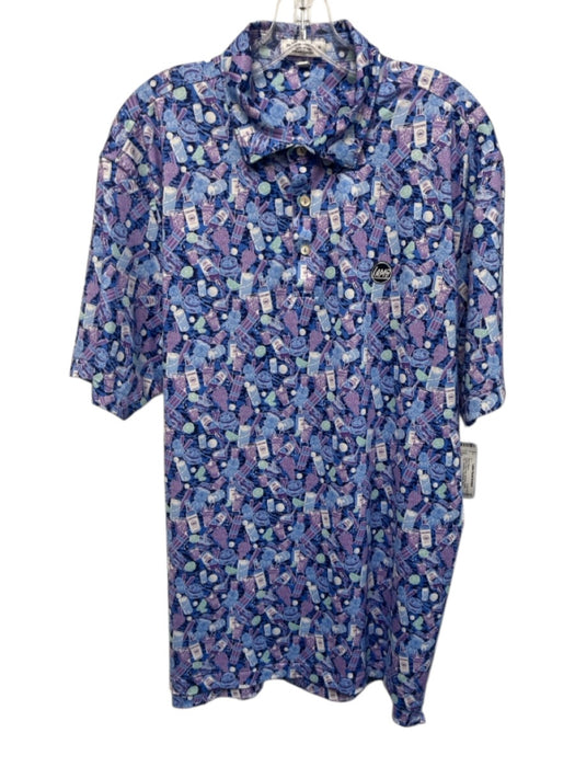 Peter Millar Size L Purple & Blue Print Synthetic Bottles Polo Short Sleeve Purple & Blue Print / L