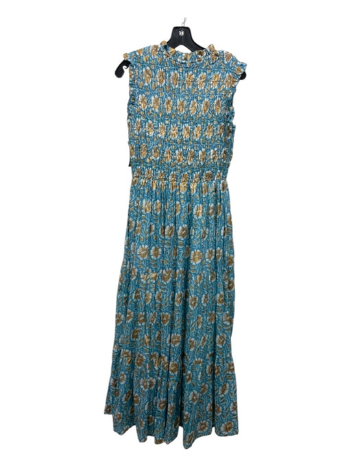 Oliphant Size M Blue & Gold Cotton Floral Metallic Smocked Maxi Dress Blue & Gold / M