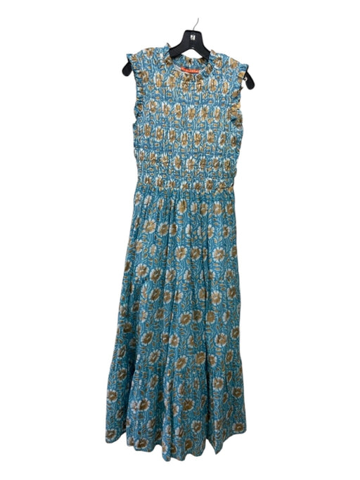 Oliphant Size M Blue & Gold Cotton Floral Metallic Smocked Maxi Dress Blue & Gold / M