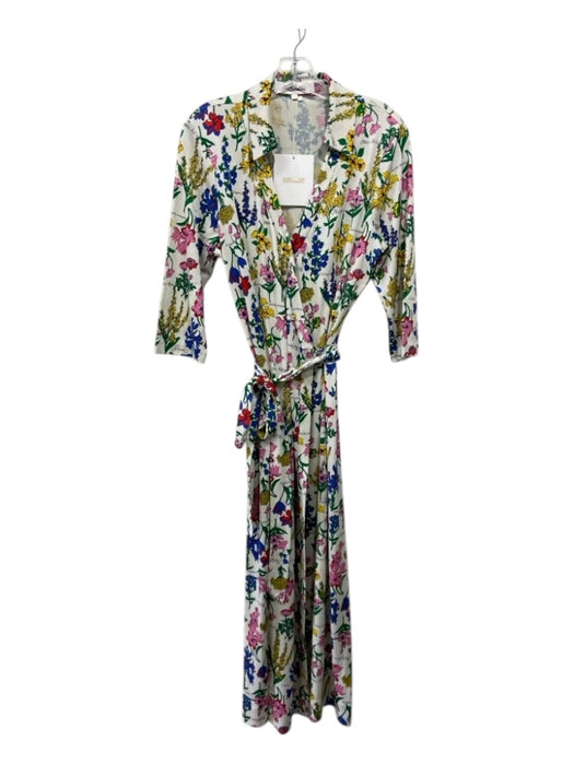 Diane Von Furstenberg Size L White & Multi Silk Floral Wrap Sash Midi Dress White & Multi / L