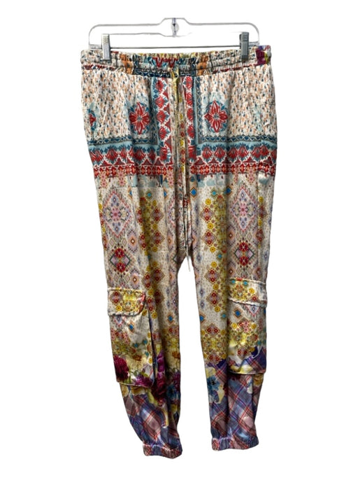 Johnny Was Size S White & Multi Rayon Blend Elastic Waist High Waist Pants White & Multi / S