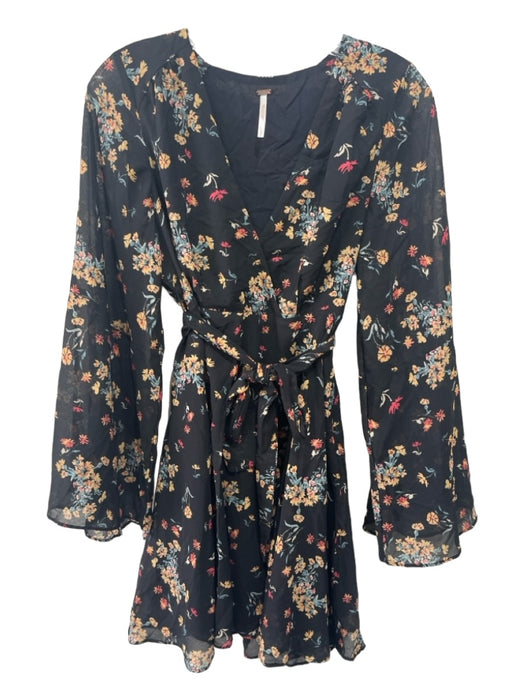 Free People Size S Black & Multi Polyester Floral Long Sleeve Surplice Dress Black & Multi / S