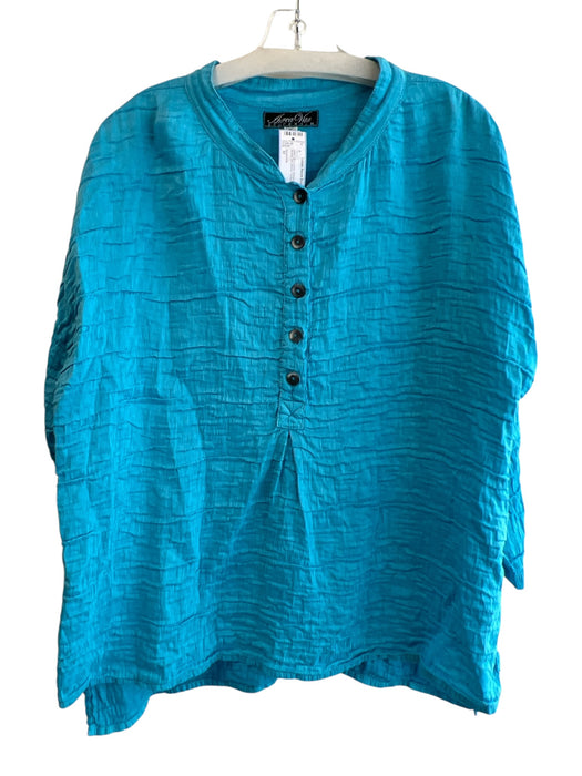 Aurea Vita Size M Blue Silk & Linen Standing Collar Half Button 3/4 Sleeve Top Blue / M