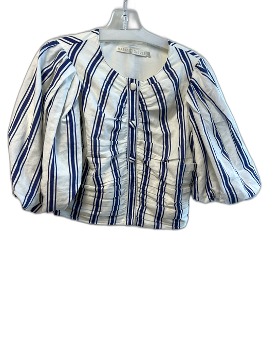 Marie Oliver Size Medium White & Blue Linen & Cotton Striped Puff Sleeve Top White & Blue / Medium