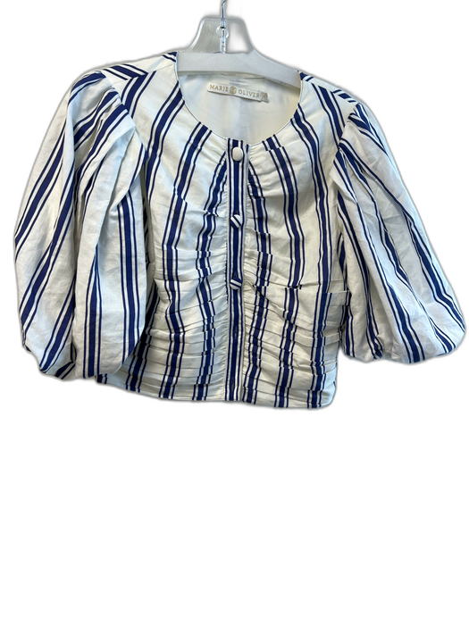 Marie Oliver Size Medium White & Blue Linen & Cotton Striped Puff Sleeve Top White & Blue / Medium