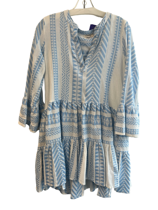 Paani Size S Blue & White Cotton Abstract Print V Neck Long Sleeve Tiered Dress Blue & White / S