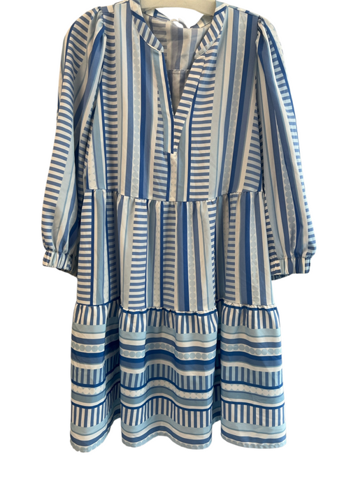 Mary Square Size M Blue & White Polyester Abstract Print V Neck Tiered Dress Blue & White / M
