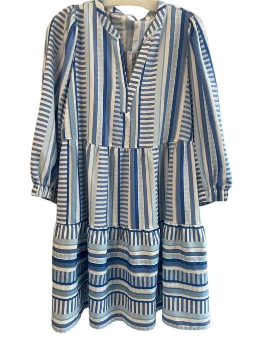 Mary Square Size M Blue & White Polyester Abstract Print V Neck Tiered Dress Blue & White / M