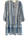Mary Square Size M Blue & White Polyester Abstract Print V Neck Tiered Dress Blue & White / M