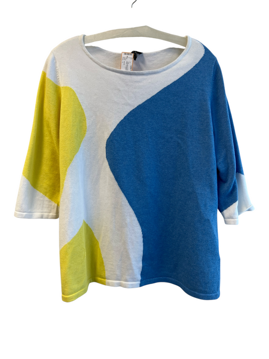 Marble Size L White Blue & Yellow Cotton Knit Boat Neck 1/2 sleeve Top White Blue & Yellow / L