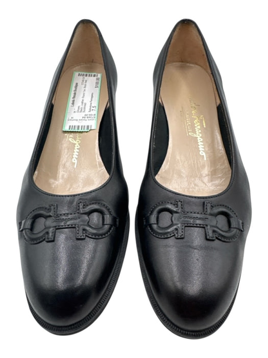 Salvatore Ferragamo Shoe Size 7.5 Black Leather Round Toe Block Heel Shoes Black / 7.5