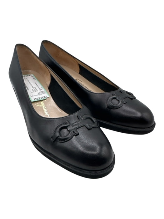 Salvatore Ferragamo Shoe Size 7.5 Black Leather Round Toe Block Heel Shoes Black / 7.5