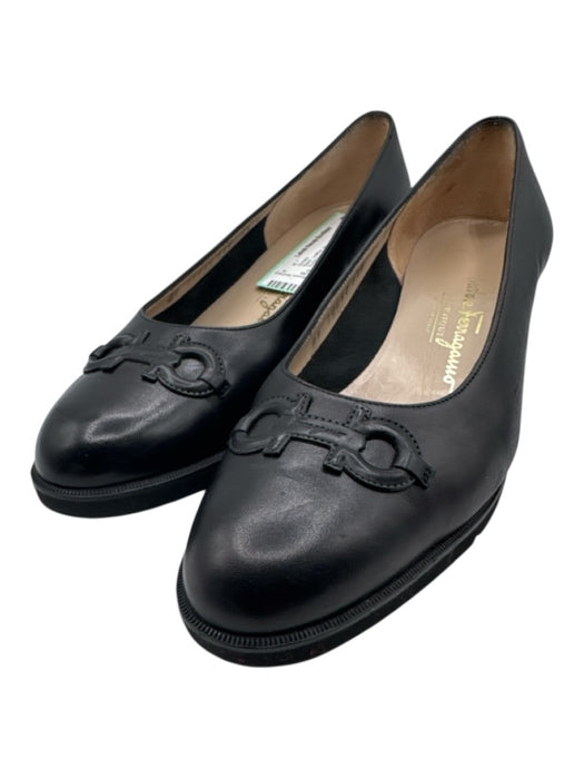 Salvatore Ferragamo Shoe Size 7.5 Black Leather Round Toe Block Heel Shoes Black / 7.5