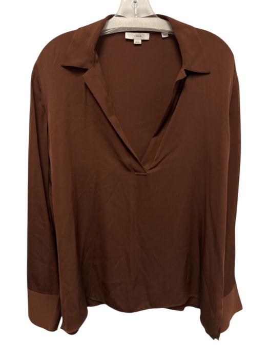 Vince Size XL Brown Silk Long Sleeve Collar V Neck Tunic Top Brown / XL