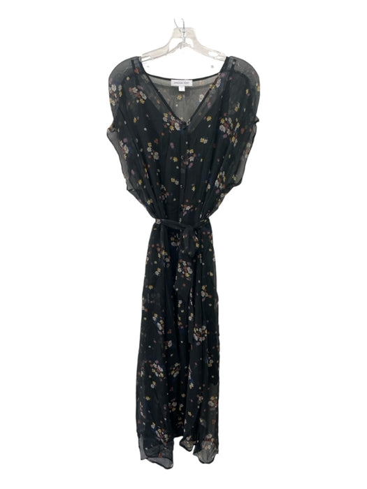 Amour Vert Size L Black & Multi Silk Floral V Neck Sheer Overlay Dress Black & Multi / L