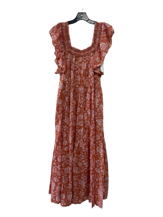 Free People Size M Orange & White Cotton Floral Square Neck Midi Dress Orange & White / M