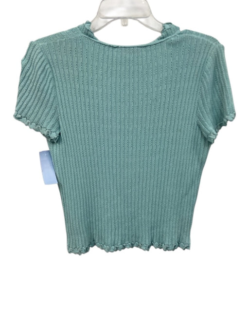 St John Collection Size L Turquoise Blue Wool Blend Knit Ruffle Trim V Neck Top Turquoise Blue / L