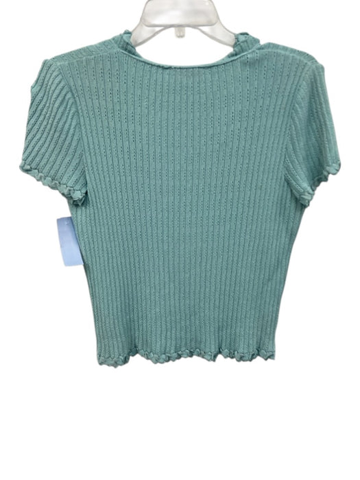 St John Collection Size L Turquoise Blue Wool Blend Knit Ruffle Trim V Neck Top Turquoise Blue / L