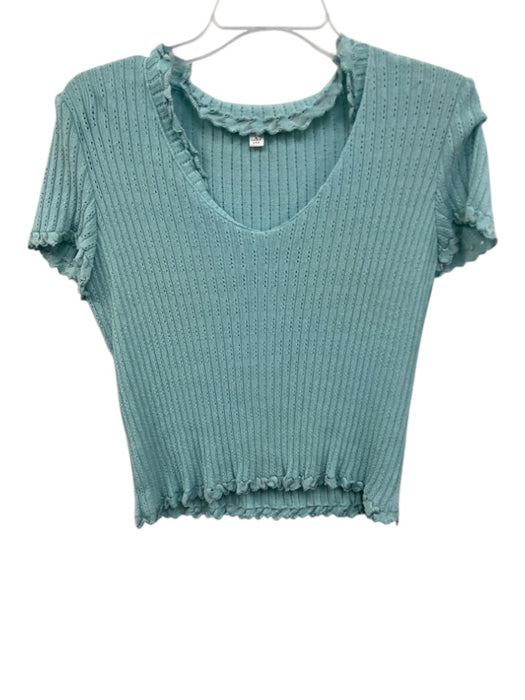 St John Collection Size L Turquoise Blue Wool Blend Knit Ruffle Trim V Neck Top Turquoise Blue / L