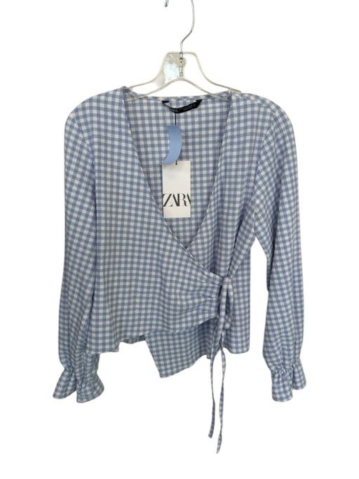 Zara Size XS Blue & White Cotton Long Sleeve Gingham Crossover Back Top Blue & White / XS
