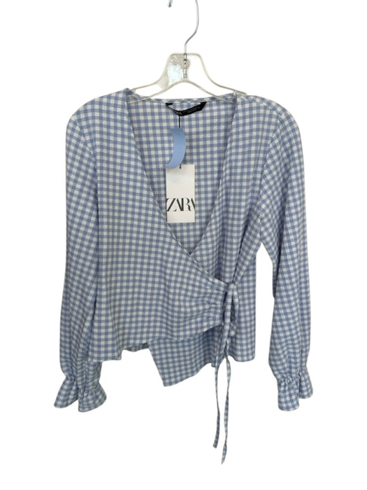 Zara Size XS Blue & White Cotton Long Sleeve Gingham Crossover Back Top Blue & White / XS