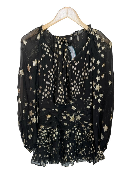 Loveshackfancy Size 0 Black & Gold Silk Long Sleeve stars Belted metallic Dress Black & Gold / 0