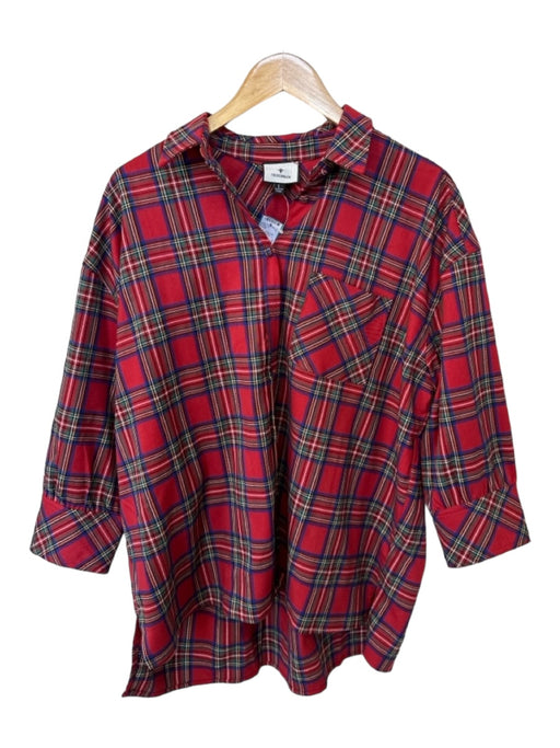 Tuckernuck Size L Red & Navy Cotton Long Sleeve Plaid Buttons Collar Top Red & Navy / L