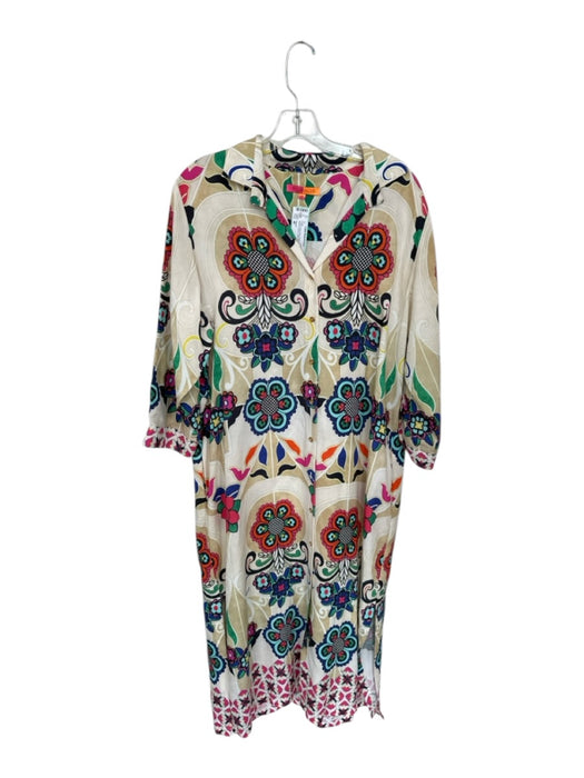Vilagallo Size 46 Cream & Multi Rayon Blend Long Sleeve Flowers Collar Dress Cream & Multi / 46
