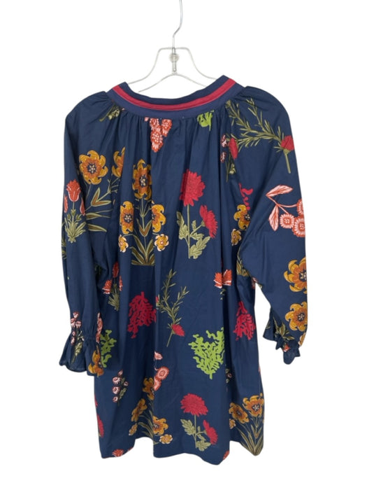 Umgee Size L Navy & Red Cotton Long Balloon Sleeve Botanical Split Neck Dress Navy & Red / L