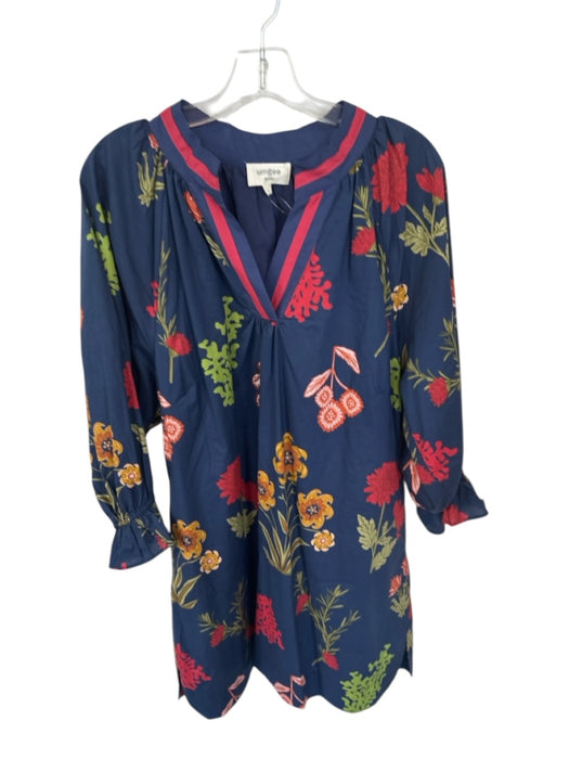 Umgee Size L Navy & Red Cotton Long Balloon Sleeve Botanical Split Neck Dress Navy & Red / L