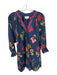 Umgee Size L Navy & Red Cotton Long Balloon Sleeve Botanical Split Neck Dress Navy & Red / L