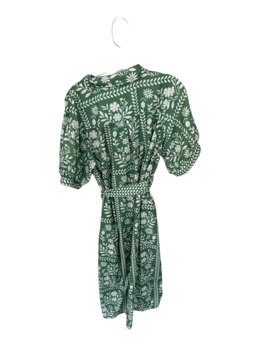Polagram Size L Green & Cream Cotton Short Balloon Sleeve Flowers Belted Dress Green & Cream / L