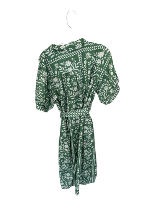 Polagram Size L Green & Cream Cotton Short Balloon Sleeve Flowers Belted Dress Green & Cream / L