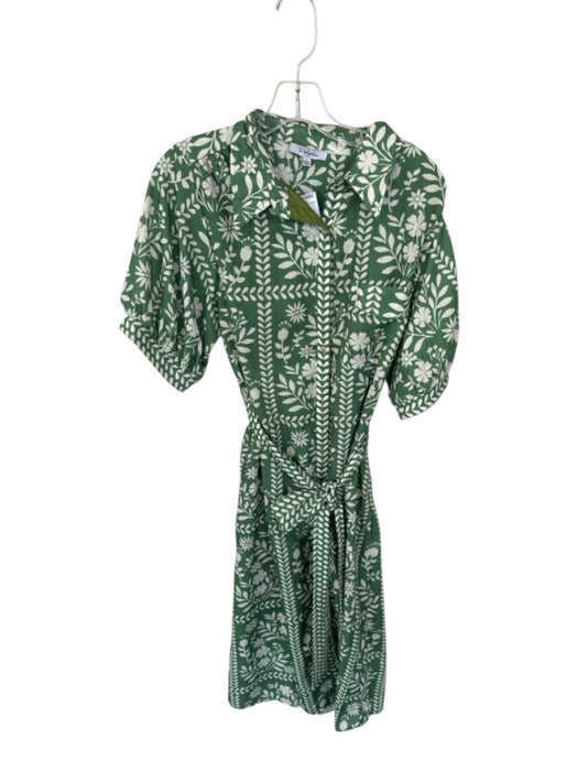 Polagram Size L Green & Cream Cotton Short Balloon Sleeve Flowers Belted Dress Green & Cream / L