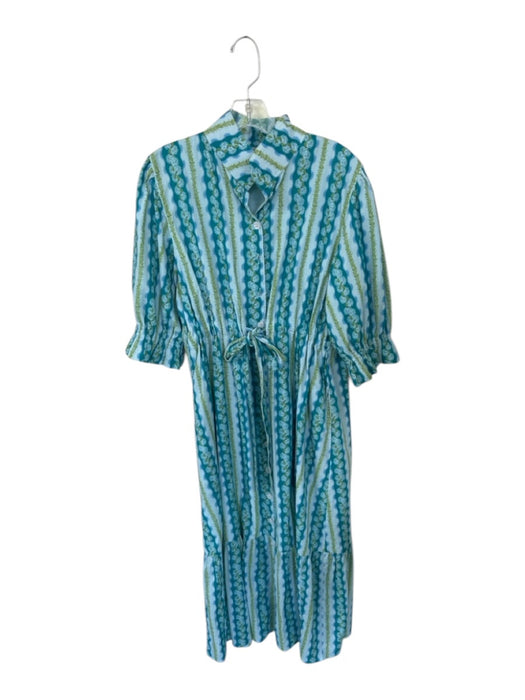 Holly Shae Design Size M/L Blue & Green Cotton Long Balloon Sleeve Buttons Dress Blue & Green / M/L