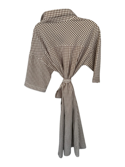 Size L Cream & Brown Cotton Blend Long Sleeve Grid Collar Belted Dress Cream & Brown / L