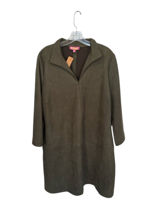 THML Size XL Olive Green Vegan Suede Long Sleeve V Neck Dress Olive Green / XL