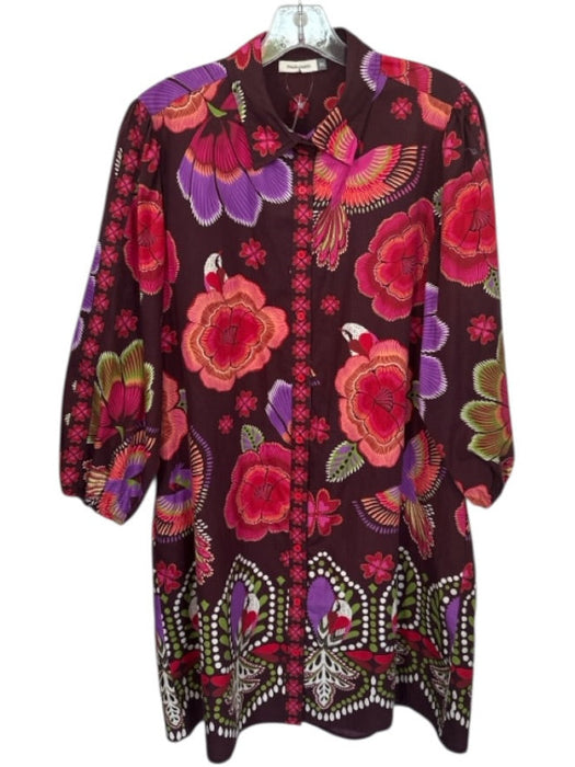 Maude Vivante Size XL Maroon & purple Cotton Long Sleeve Botanical birds Dress Maroon & purple / XL