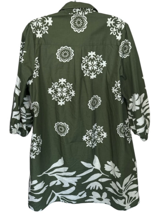 Maude Vivante Size XL Green & Cream Cotton Flowers Long Sleeve Button Down Dress Green & Cream / XL