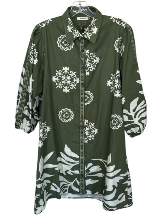 Maude Vivante Size XL Green & Cream Cotton Flowers Long Sleeve Button Down Dress Green & Cream / XL